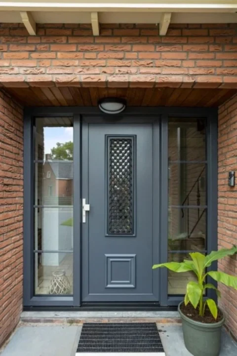 Donkere voordeur met glas en zijlichten